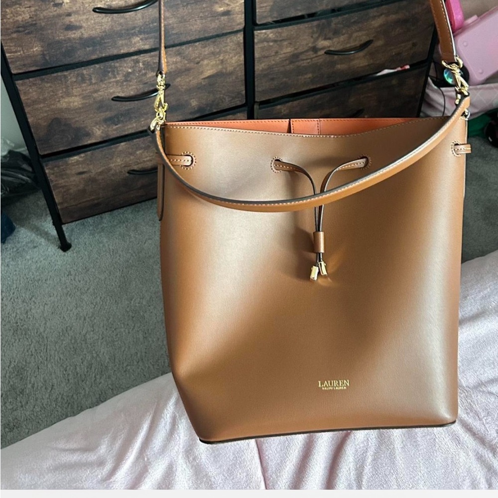 Lauren Ralph Lauren Tan detachable Shoulder strap bucket Bag with Sleek Design